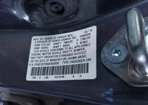2016 Honda Civic Lx z USA, uszkodzony, nr VIN 2HGFC2F59GH545959